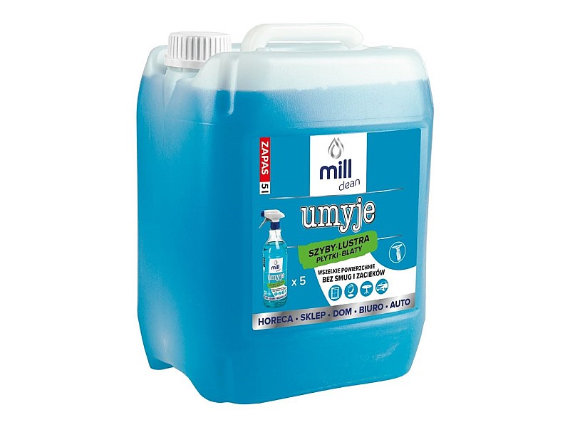 MILL CLEAN CLEANS 5 liters. A liquid cleaner for windows, mirrors, tiles, and countertops. It removes dust and grease stains without leaving streaks or smudges. The large 5-liter canister is ideal for cleaning companies, hotels, and offices.