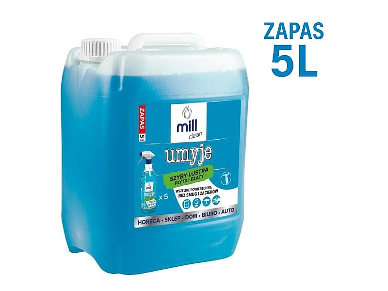 MILL CLEAN CLEANS 5 liters. A liquid cleaner for windows, mirrors, tiles, and countertops. It removes dust and grease stains without leaving streaks or smudges. The large 5-liter canister is ideal for cleaning companies, hotels, and offices.
