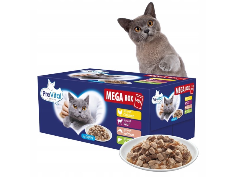 PREVITAL Mega Box Veal, salmon, liver, chicken - wet cat food - 40X100g PREVITAL Mega Box Veal, salmon, liver, chicken - wet cat food - 40X100g