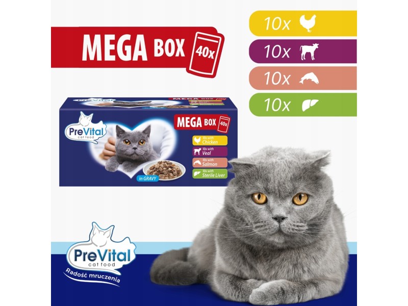 PREVITAL Mega Box Veal, salmon, liver, chicken - wet cat food - 40X100g PREVITAL Mega Box Veal, salmon, liver, chicken - wet cat food - 40X100g