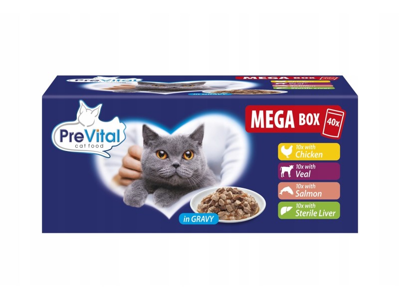 PREVITAL Mega Box Veal, salmon, liver, chicken - wet cat food - 40X100g PREVITAL Mega Box Veal, salmon, liver, chicken - wet cat food - 40X100g