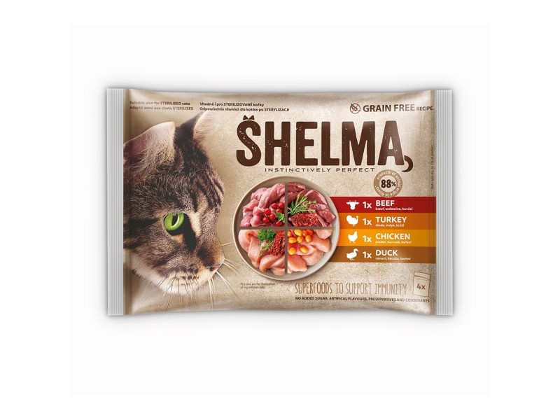 SHELMA Rich in chicken, turkey, beef and duck - wet cat food - 4x85g
