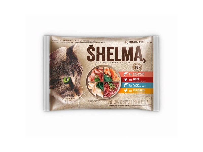 SHELMA Rich in salmon, cod, beef and chicken - wet cat food - 4x85g