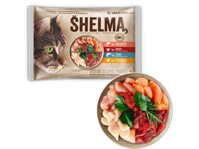 SHELMA Rich in salmon, cod, beef and chicken - wet cat food - 4x85g