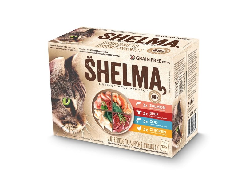 SHELMA with salmon, cod, chicken and beef in sauce - wet cat food - 12x85g SHELMA with salmon, cod, chicken and beef in sauce - wet cat food - 12x85g