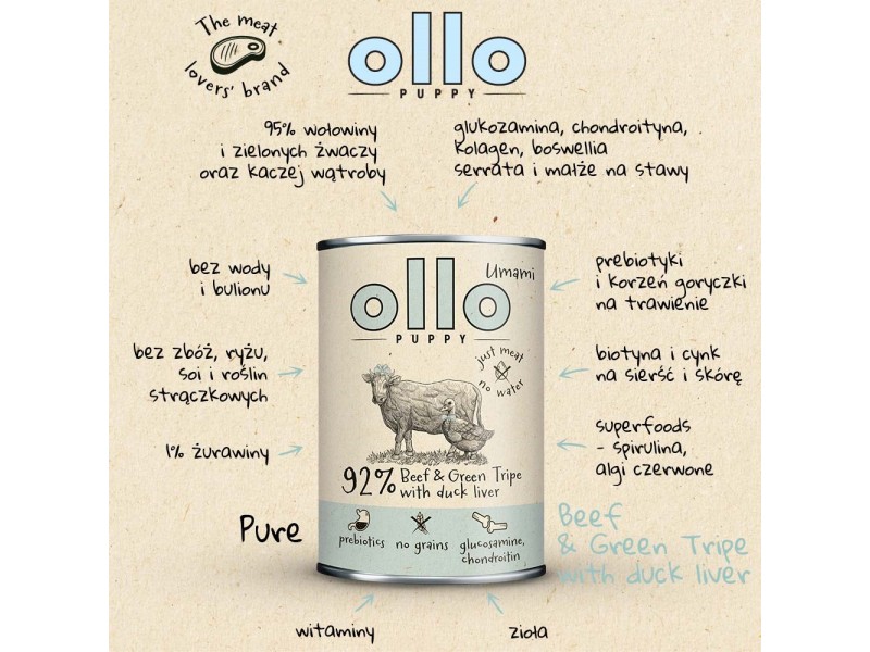 OLLO Puppy Umami Beef and Green Tripe with Duck Liver - wet dog food - 850g