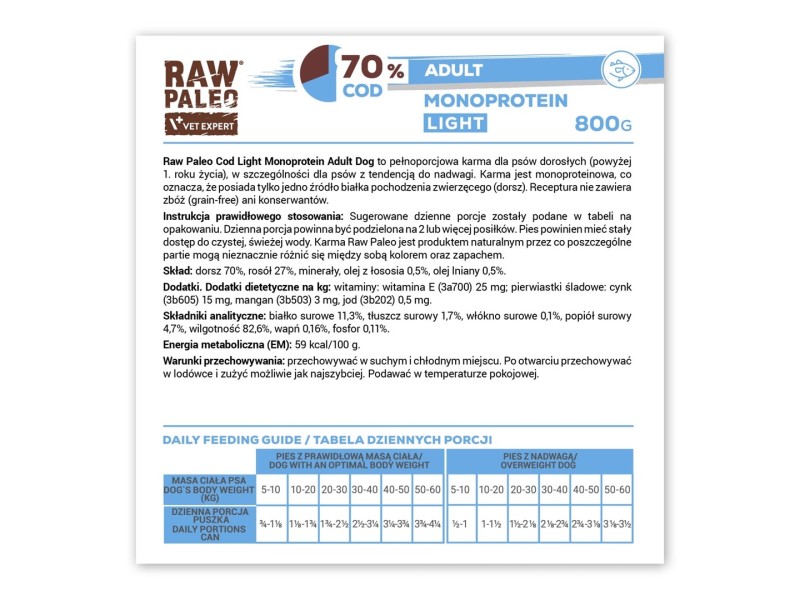 VETEXPERT Raw Paleo Cod Light Monoprotein - wet dog food - 800g