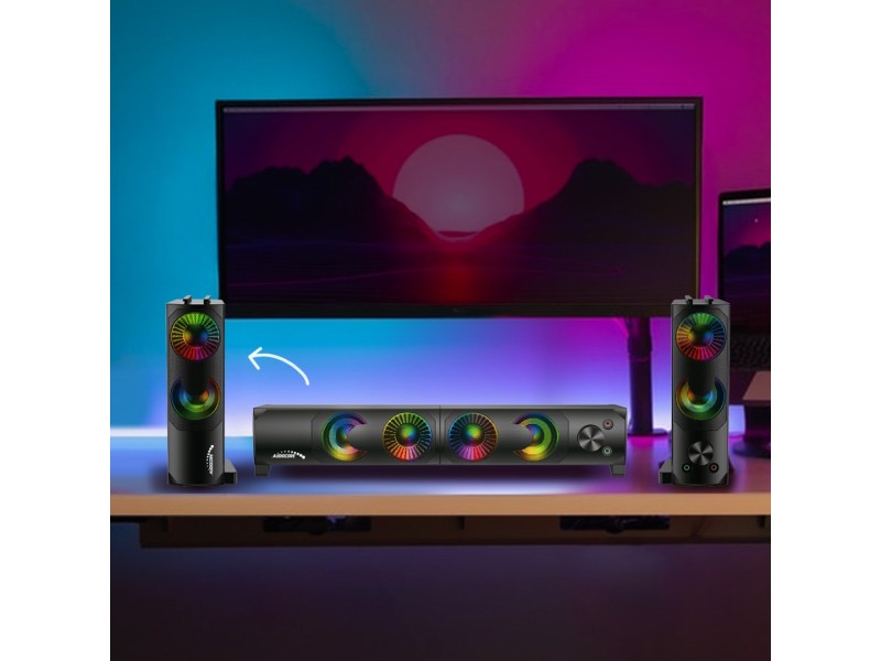 2 in 1 PC Speaker Soundbar Computer RGB LED Backlight Stereo Gaming USB 2 x 3W AUX 3.5 mm