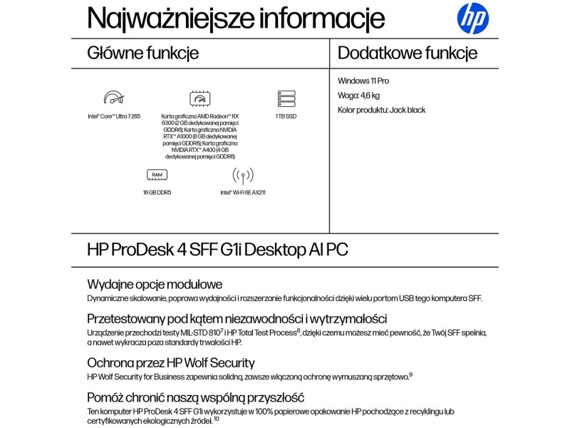 HP ProDesk 4 SFF G1i Desktop AI PC Intel Core Ultra 7 265 16 GB DDR5-SDRAM 1 TB SSD Windows 11 Pro Black