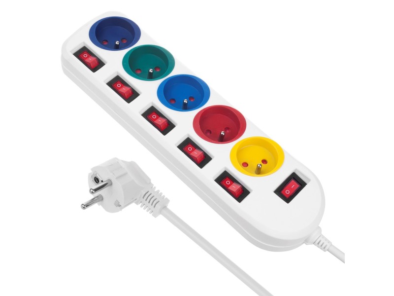 Maclean power strip, 5 socket extension cable, with switches, 250VAC/10A, 1.5m, MCE204 M/W
