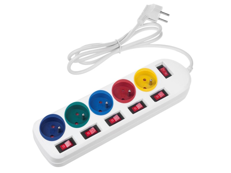 Maclean power strip, 5 socket extension cable, with switches, 250VAC/10A, 1.5m, MCE204 M/W
