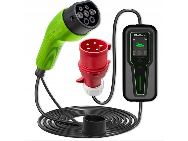 Qoltec Mobile EV Charger with 2-in-1 Type 2 SCHUKO 3.5kW 230V LCD Portable Wallbox 5m