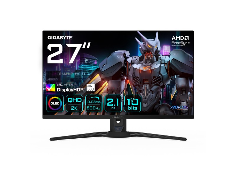 GIGABYTE AORUS FO27Q5P OLED QHD Gaming Monitor - 2560 x 1440, 500Hz, 0.03ms, KVM, 300 cd/m², FreeSync Premium Pro, DisplayHDR True Black 500, DisplayPort 2.1