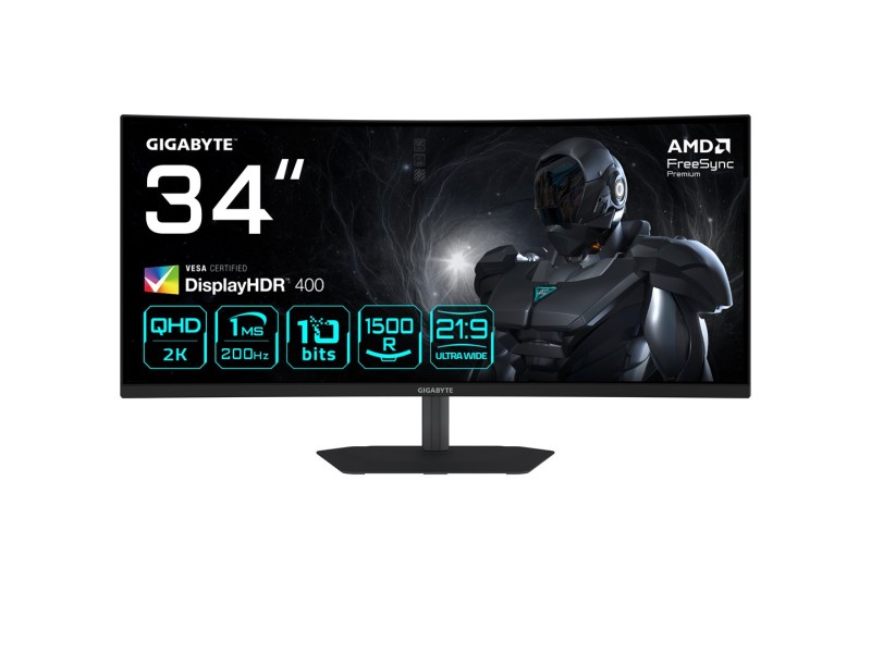 GIGABYTE G34WQC2 34” WQHD Curved Gaming Monitor - 3440 x 1440, 1500R, 200Hz, 1ms, 450 cd/m2, AMD FreeSync Premium, DisplayHDR 400, HDMI 2.0, Displayport 1.4