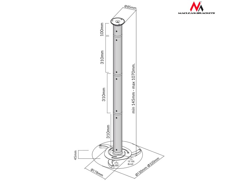 Silver ceiling mount for projectors from 80 mm to 980 mm