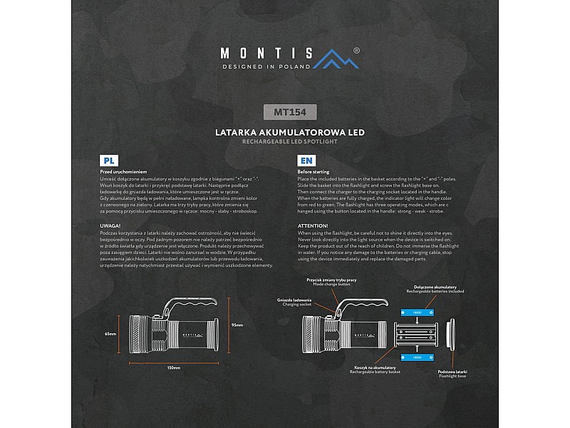Montis Aluminiowa ręczna latarka akumulatorowa LED MT154 Grey Hand flashlight