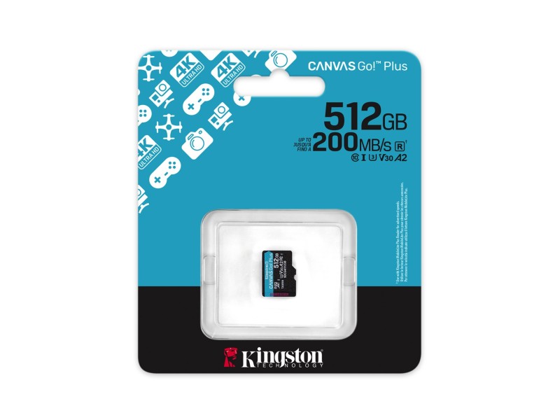 Kingston Technology 512GB microSDXC Canvas Go Plus Gen4 200R A2 U3 Single Pack w/o ADP