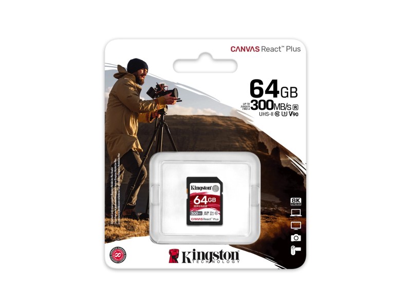 Kingston Technology 64GB Canvas React Plus SDXC UHS-II 300R/260W U3 V90 for Full HD/4K/8K