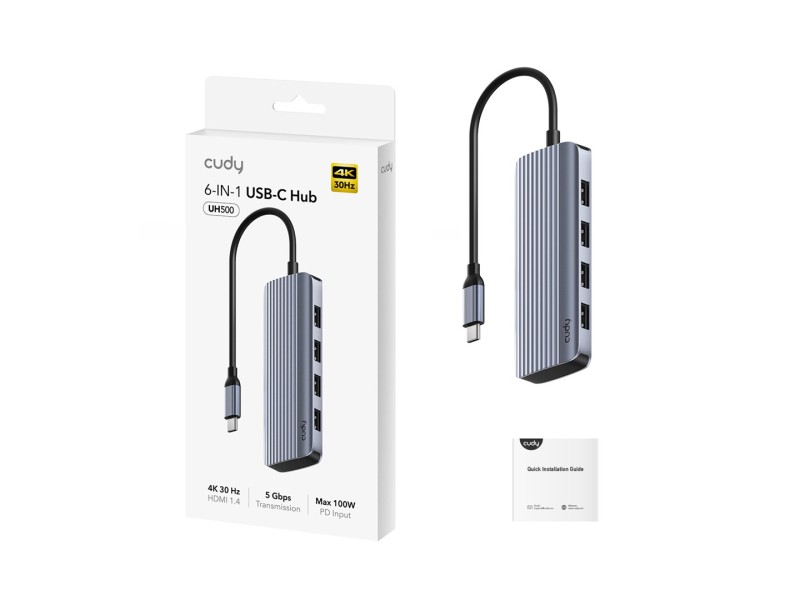 Cudy UH500 interface hub USB 3.2 Gen 1 (3.1 Gen 1) Type-C 5000 Mbit/s Grey, Silver
