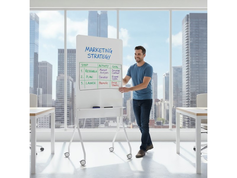 Ergo Office mobile dry erase board, vertical orientation, white, single sided, with shelf, board dimensions 1190x790mm, ER-305