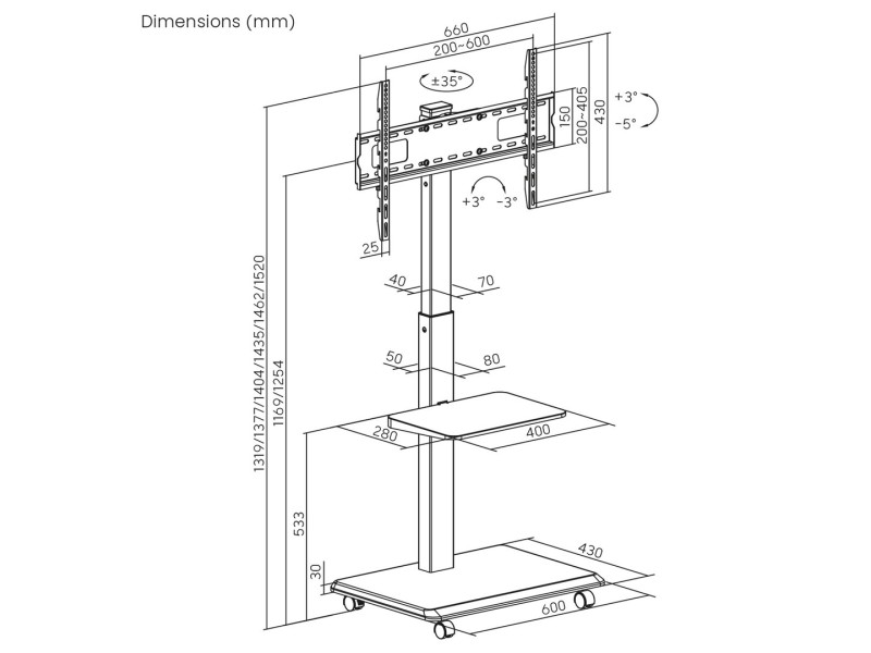 Stand / cart for TV Ergo-Office, max. load 50kg / 5kg shelf, max. VESA 600x400, built-in power strip, black, ER-304 B