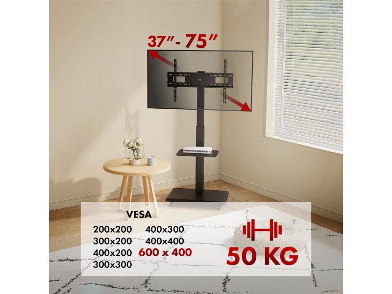 Stand / cart for TV Ergo-Office, max. load 50kg / 5kg shelf, max. VESA 600x400, built-in power strip, black, ER-304 B