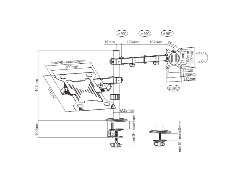 Gembird MA-DA-03 Adjustable desk mount with monitor arm and notebook tray (rotate, tilt, swivel), 17”-32”, up to 9 kg