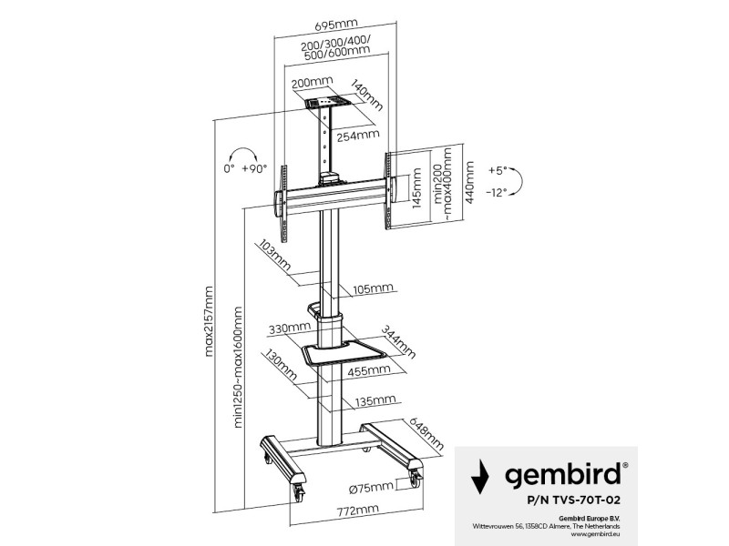 Gembird TVS-70T-02 Aluminum TV floor stand with caster wheels, 37