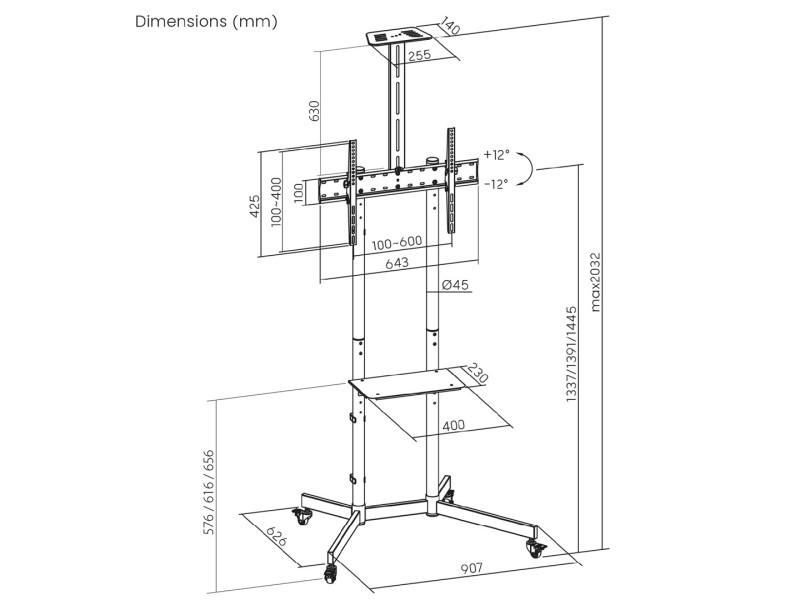 Maclean TV stand / cart, camera shelf, on wheels, 37-70