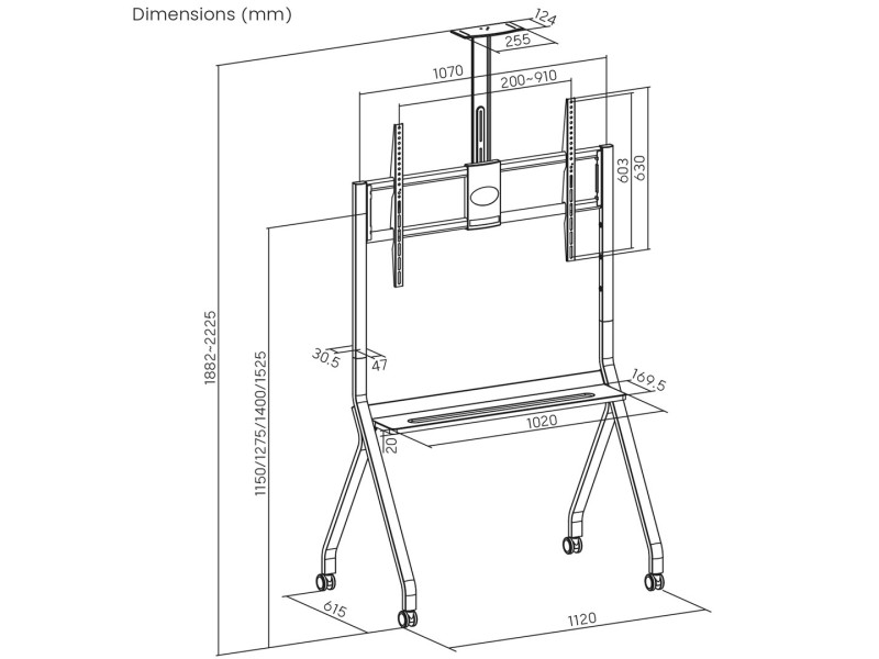 Maclean TV stand / cart, camera shelf, on casters, 55-100