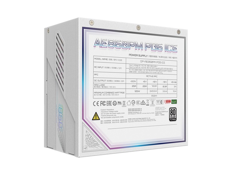 GIGABYTE AORUS ELITE P850W ICE Power Supply - PCIe 5.0, 80 PLUS Platinum, Fully Modular Design, 120mm Fan, ATX 3.0 compatible, EU Plug