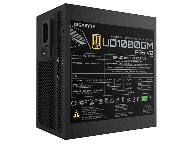 GIGABYTE UD1000GM PG5 V2 Power Supply Unit- PCIe Gen 5.1, 80 PLUS Gold, Fully Modular Design, 120mm Fan, ATX 3.1 compatible, EU Plug