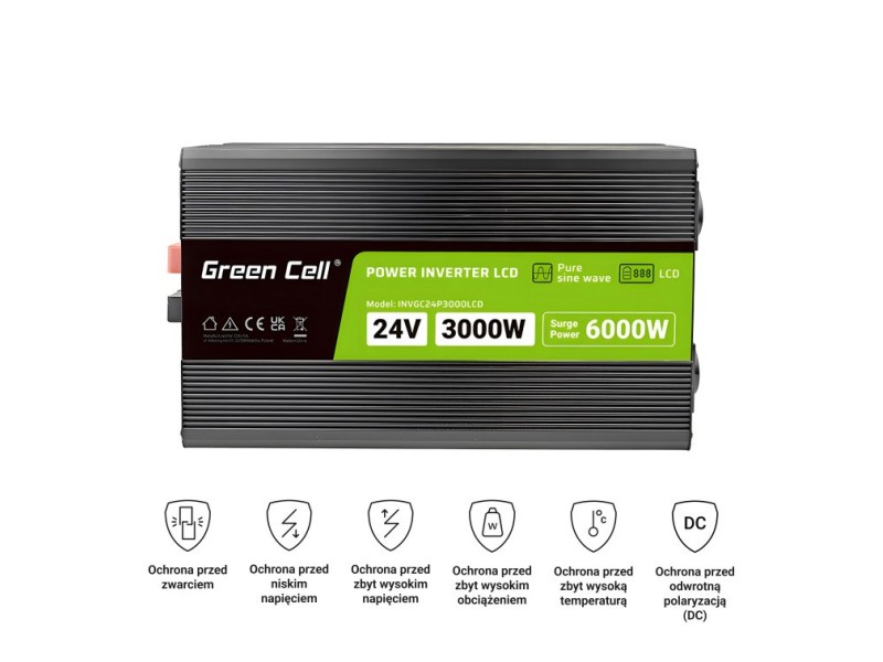 Green Cell Przetwornica napicia PowerInverter LCD 24 V 3000W/60000W Przetwornica samochodowa z wywietlaczem - czysty sinus power adapter/inverter Auto Black