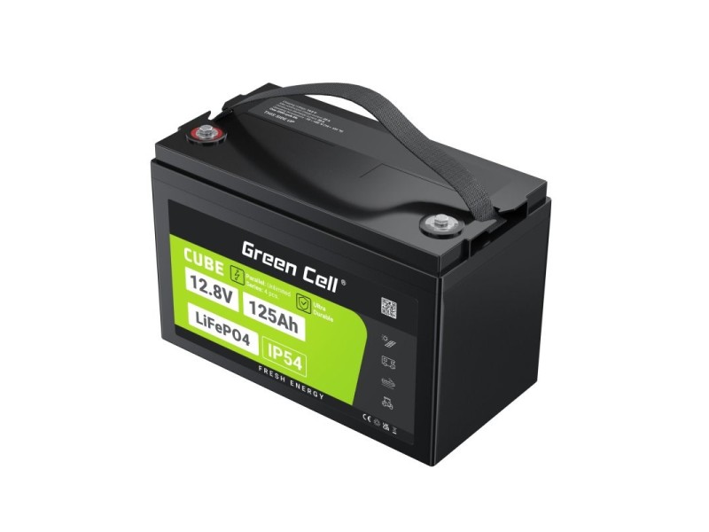 Green Cell Žalias Cell CUBE LiFePO4 125Ah 12,8V 1600Wh liio geležies fosfato baterija kemperiui, sauls energijai, neprijungtai prie tinklo, laivui Lithium Iron Phosphate (LiFePO4) 12.8 V